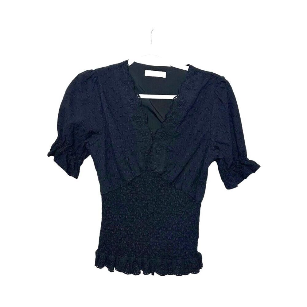Bella Poque V Neck Embroidered Shirring Waist Blouse Women's M Black Boho